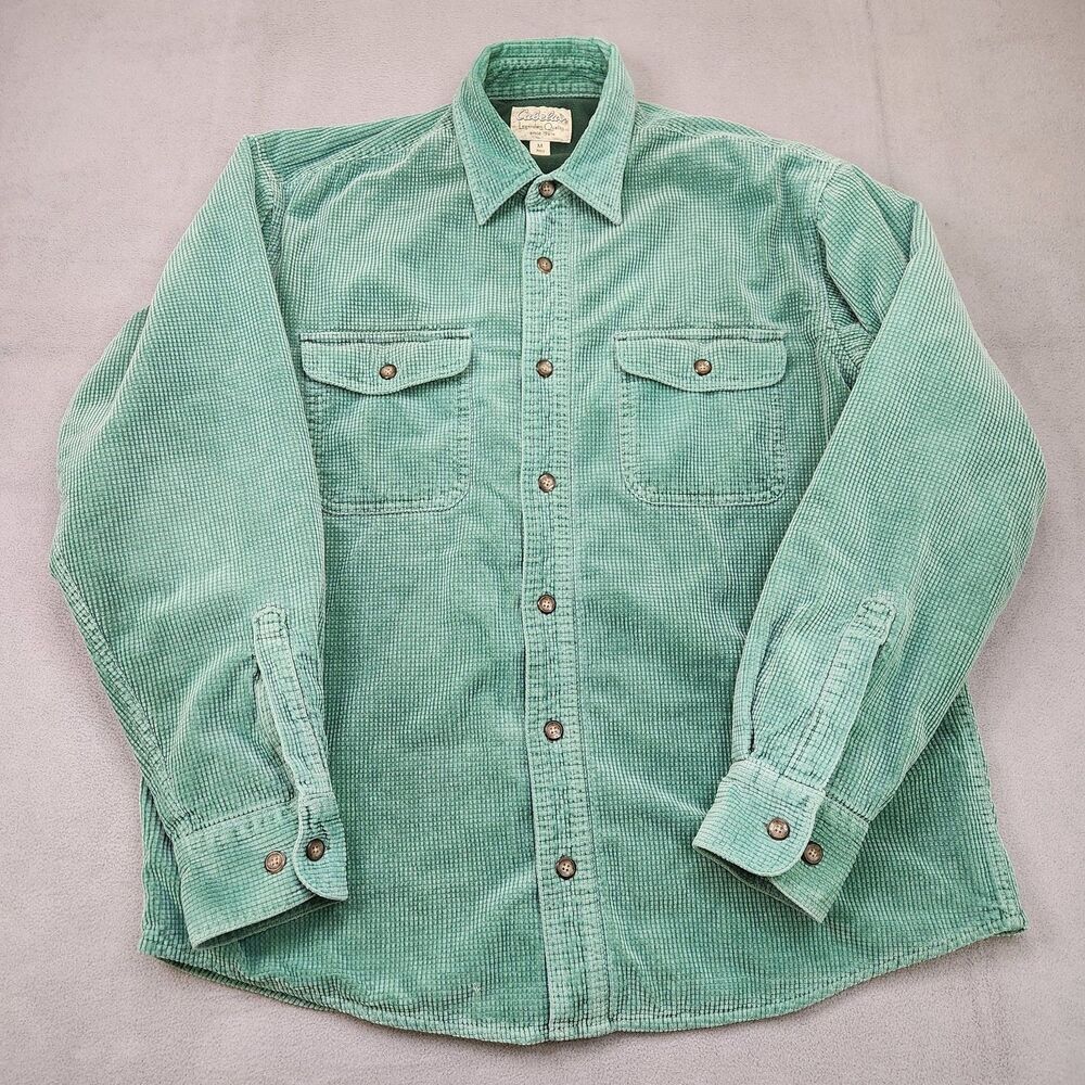Cabela's Waffle Knit Button Up Shirt Men M Green Long Sleeve Pocket Fleece Lined